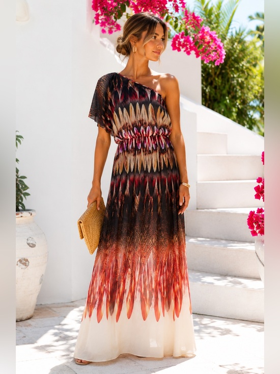 Topshop Dresses & Skirts - Topshop One Shoulder Feather Print Maxi Dress Size 8 Boho Summer EUC